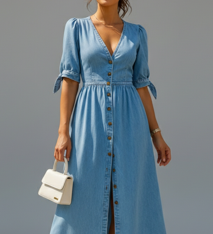 Damenkleid mit V-Ausschnitt und Knopfleiste