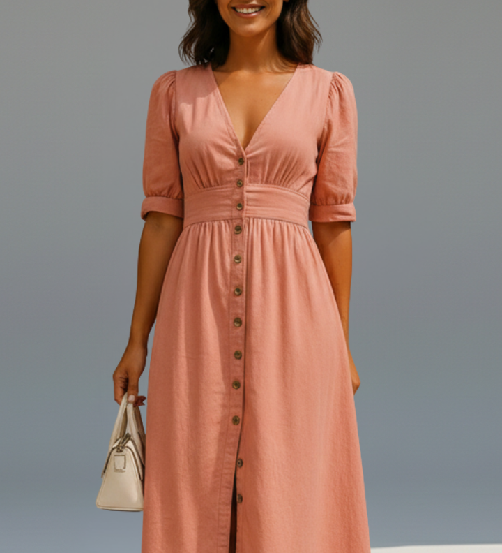 Damenkleid mit V-Ausschnitt und Knopfleiste