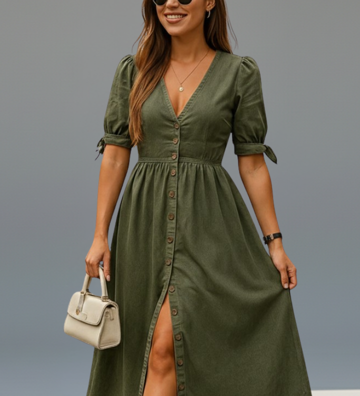 Damenkleid mit V-Ausschnitt und Knopfleiste