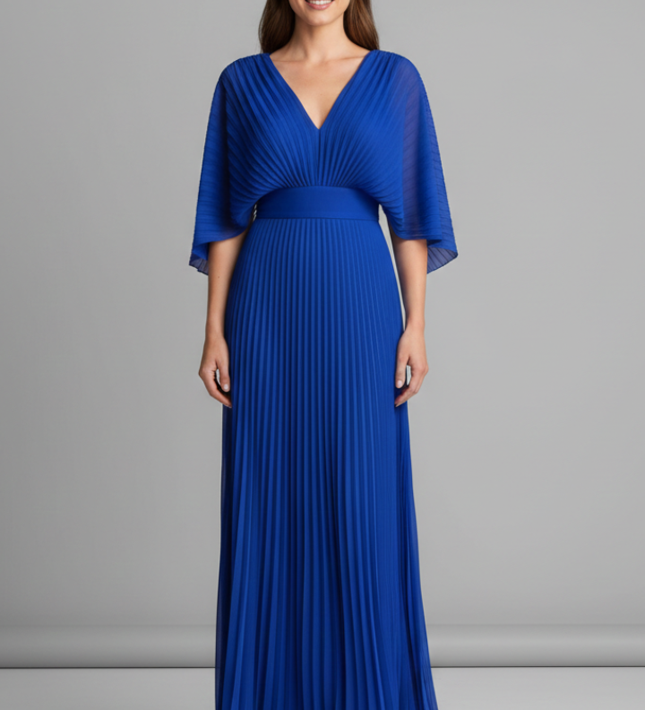 Damenkleid mit V-Ausschnitt und plissierter Maxiröcke