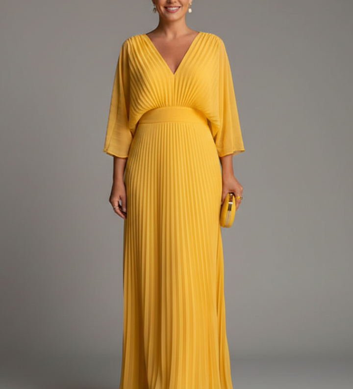 Damenkleid mit V-Ausschnitt und plissierter Maxiröcke
