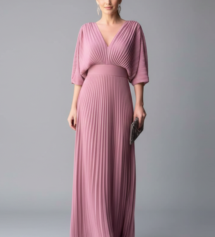 Damenkleid mit V-Ausschnitt und plissierter Maxiröcke