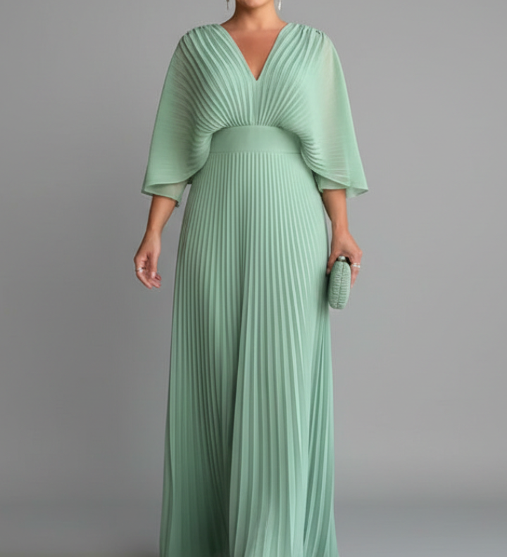 Damenkleid mit V-Ausschnitt und plissierter Maxiröcke
