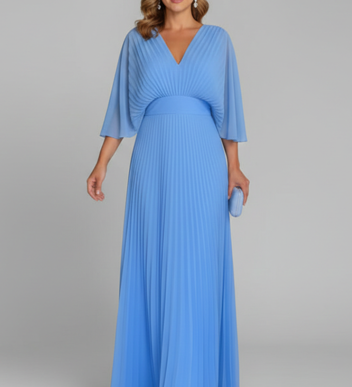 Damenkleid mit V-Ausschnitt und plissierter Maxiröcke