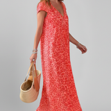 Damenkleid mit V-Ausschnitt und bedruckter Oberfläche