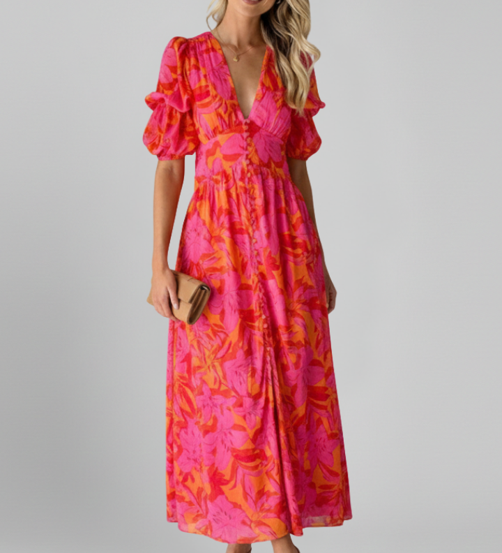 Damenkleid mit V-Ausschnitt und Puffärmeln