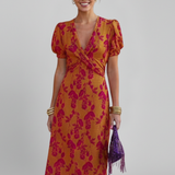 Damenkleid mit V-Ausschnitt und Puffärmeln