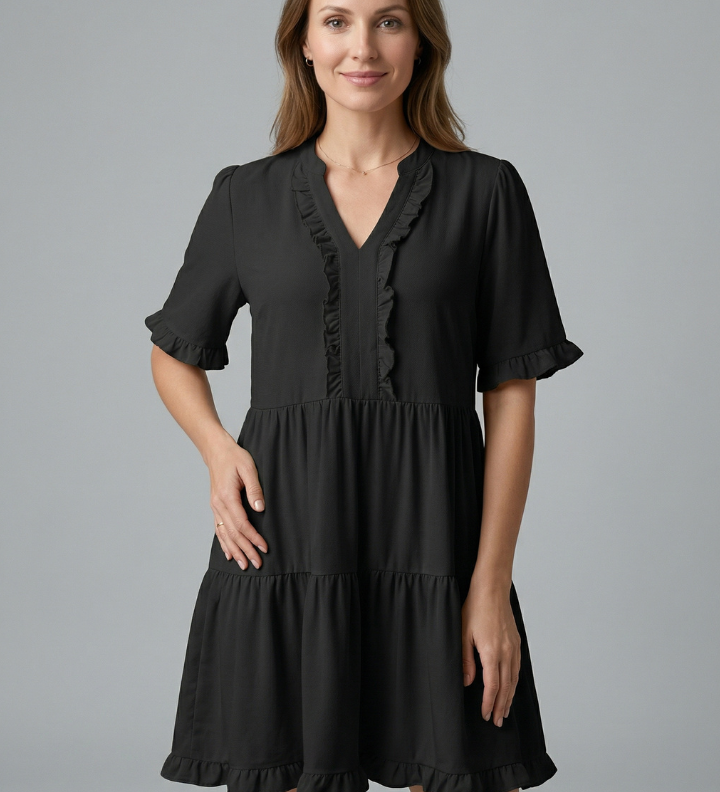 Damenkleid mit V-Ausschnitt und Rüschendetail