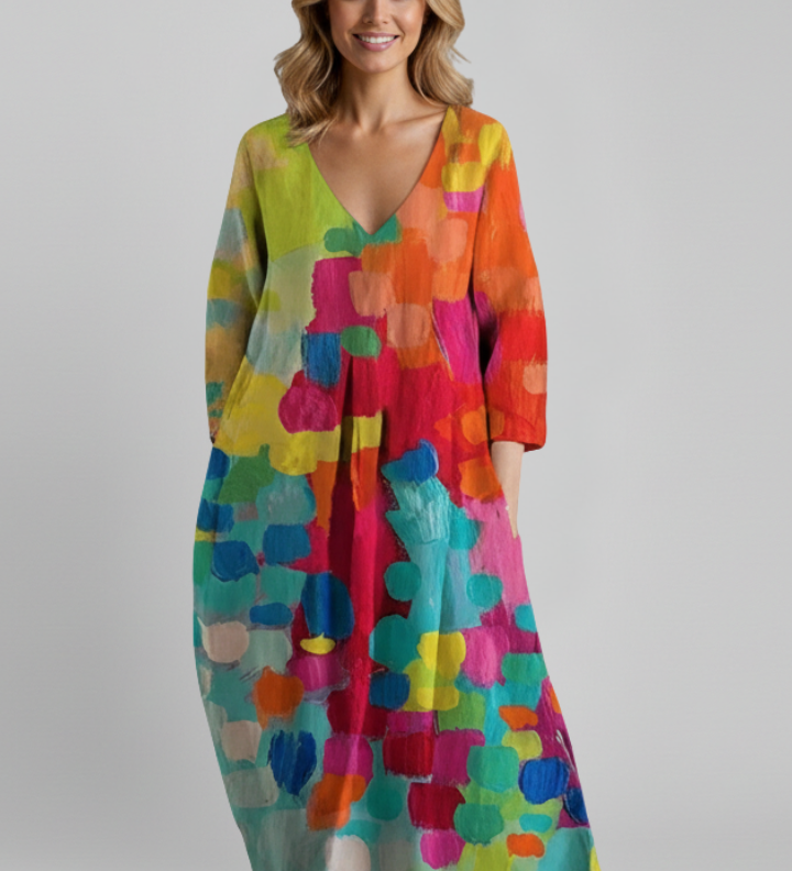 Damenkleid mit V-Ausschnitt und bedruckter Oberfläche