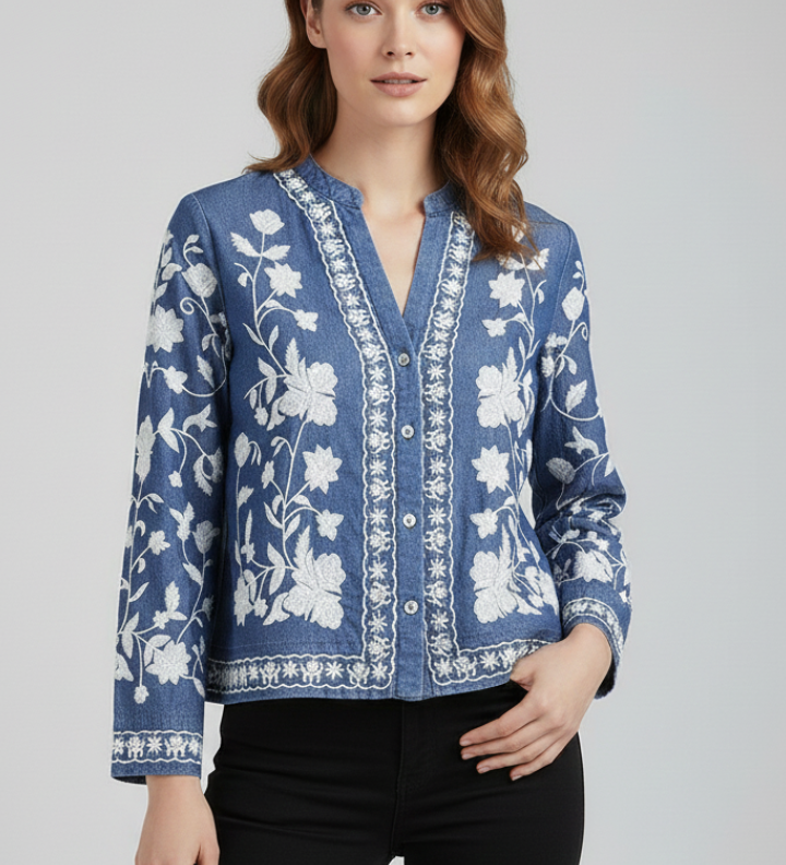 Gestickte Bluse für Damen mit floralem Muster und langen Ärmeln