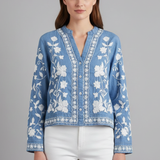 Gestickte Bluse für Damen mit floralem Muster und langen Ärmeln