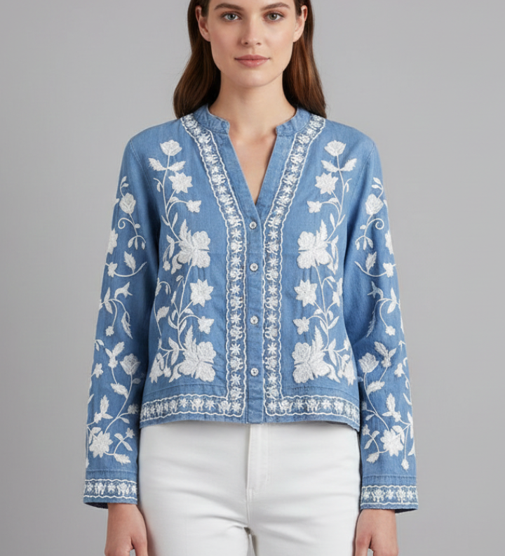 Gestickte Bluse für Damen mit floralem Muster und langen Ärmeln