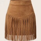 Damen Minirock im Wildleder-Look mit hohem Bund und langen Fransen