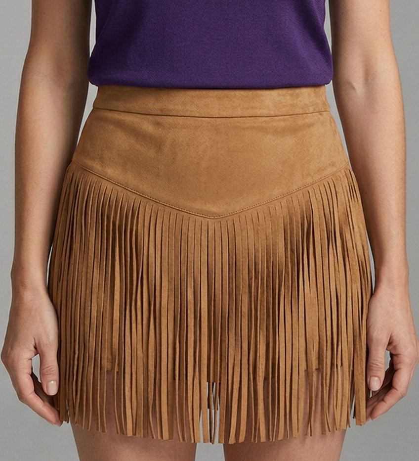 Damen Minirock im Wildleder-Look mit hohem Bund und langen Fransen