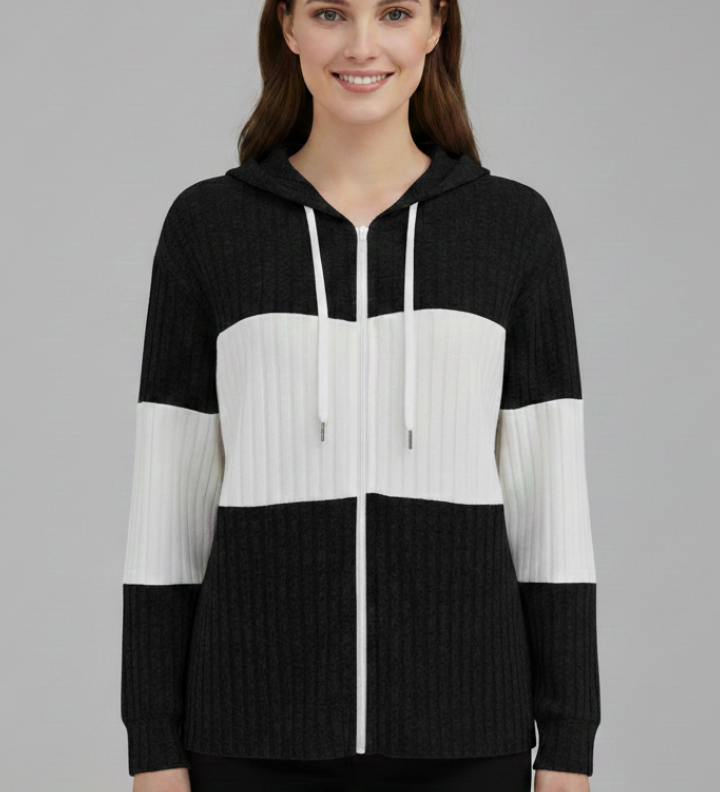 Damen Kapuzenjacke mit Reißverschluss und Rippdetails