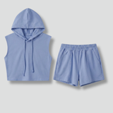 Damen Hoodie-Top und Shorts Set mit ärmellosem Schnitt und elastischem Bund