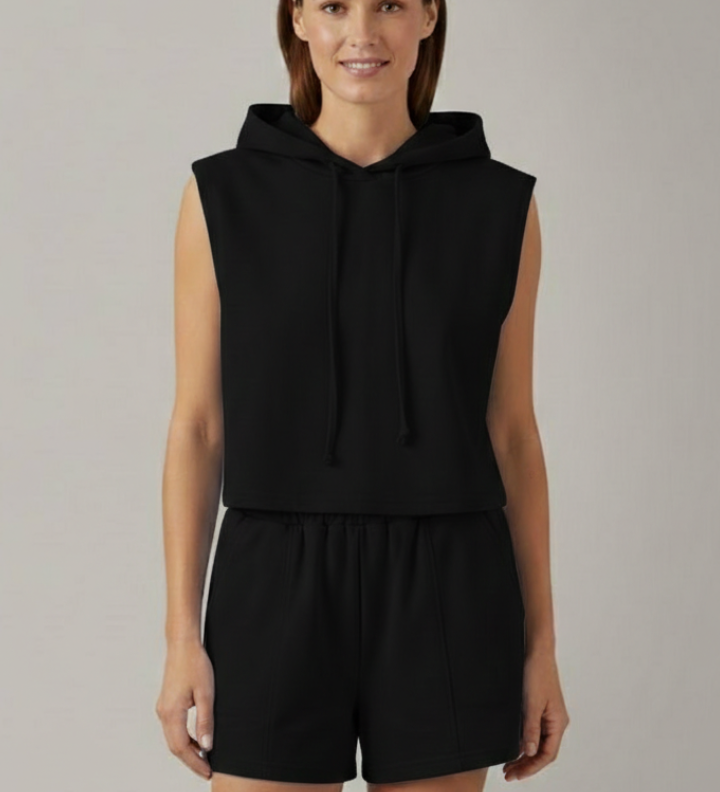 Damen-Hoodie-Top und Shorts-Set mit ärmellosem Schnitt und elastischem Bund
