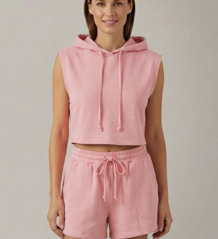 Damen Hoodie-Top und Shorts Set mit ärmellosem Schnitt und elastischem Bund