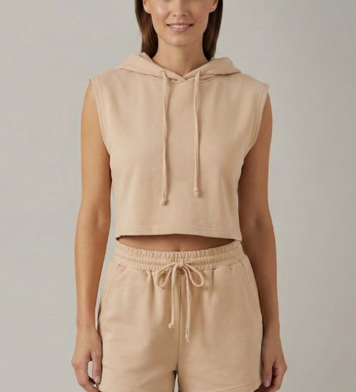 Damen-Hoodie-Top und Shorts-Set mit ärmellosem Schnitt und elastischem Bund