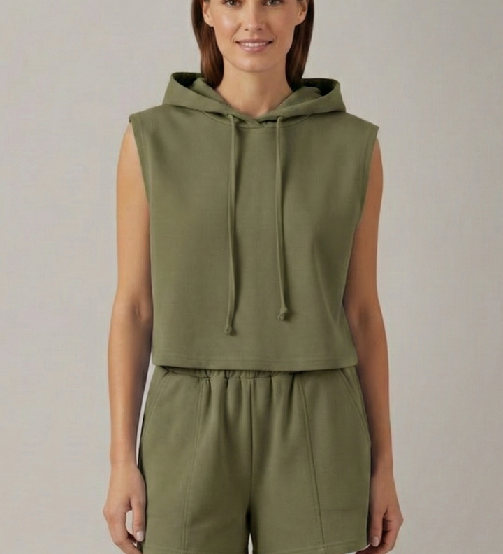 Damen-Hoodie-Top und Shorts-Set mit ärmellosem Schnitt und elastischem Bund