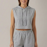 Damen Hoodie-Top und Shorts Set mit ärmellosem Schnitt und elastischem Bund