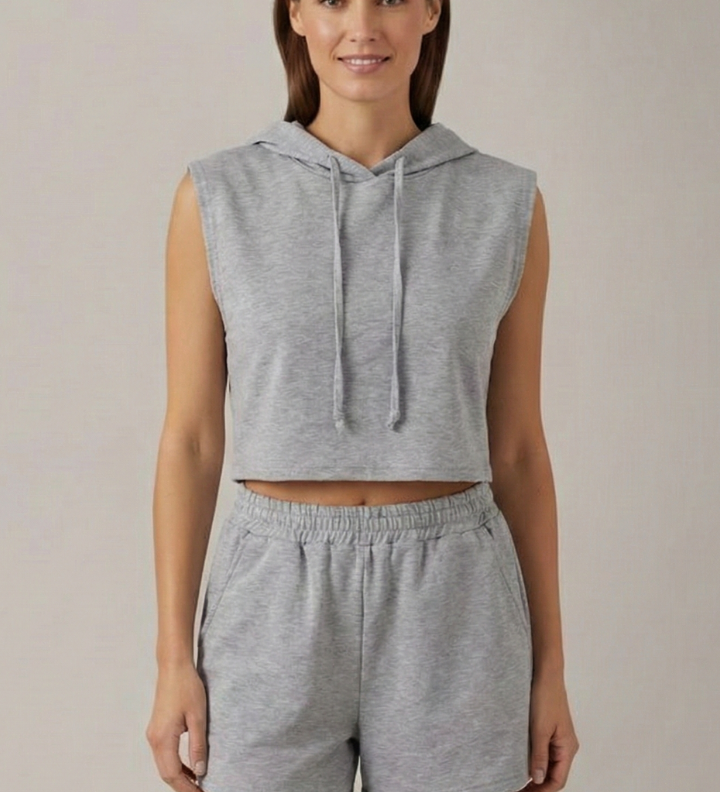 Damen Hoodie-Top und Shorts Set mit ärmellosem Schnitt und elastischem Bund