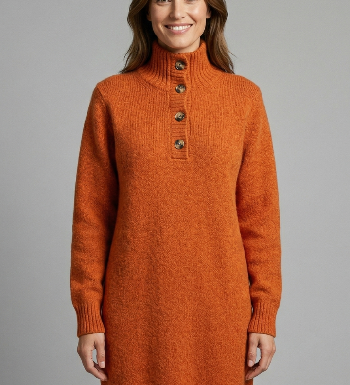 Damen Strickkleid mit hohem Kragen und Knopfleiste