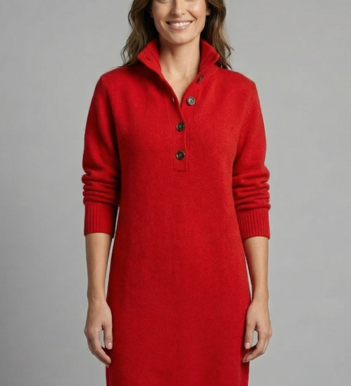 Damen Strickkleid mit hohem Kragen und Knopfleiste
