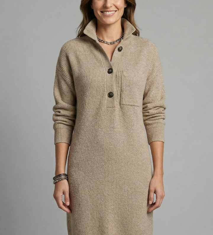 Damen Strickkleid mit hohem Kragen und Knopfleiste
