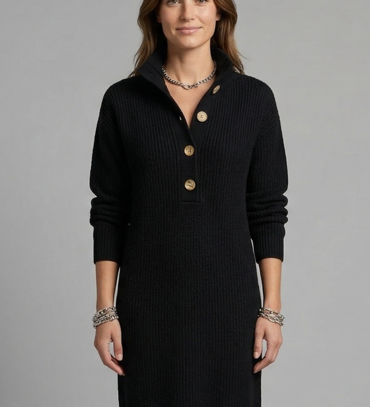 Damen Strickkleid mit hohem Kragen und Knopfleiste