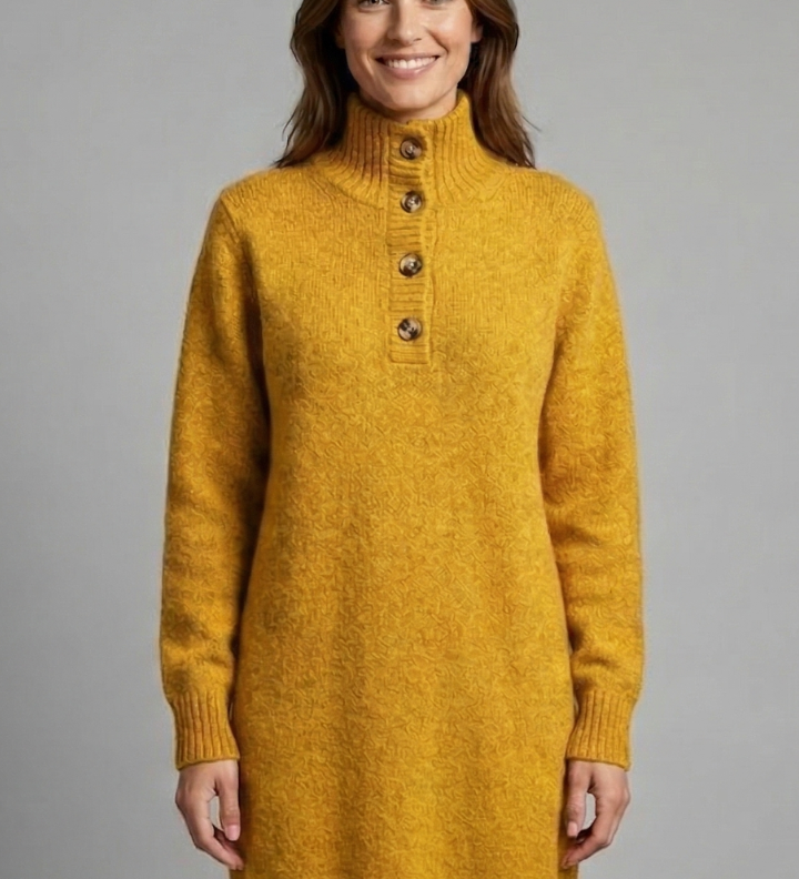 Damen Strickkleid mit hohem Kragen und Knopfleiste
