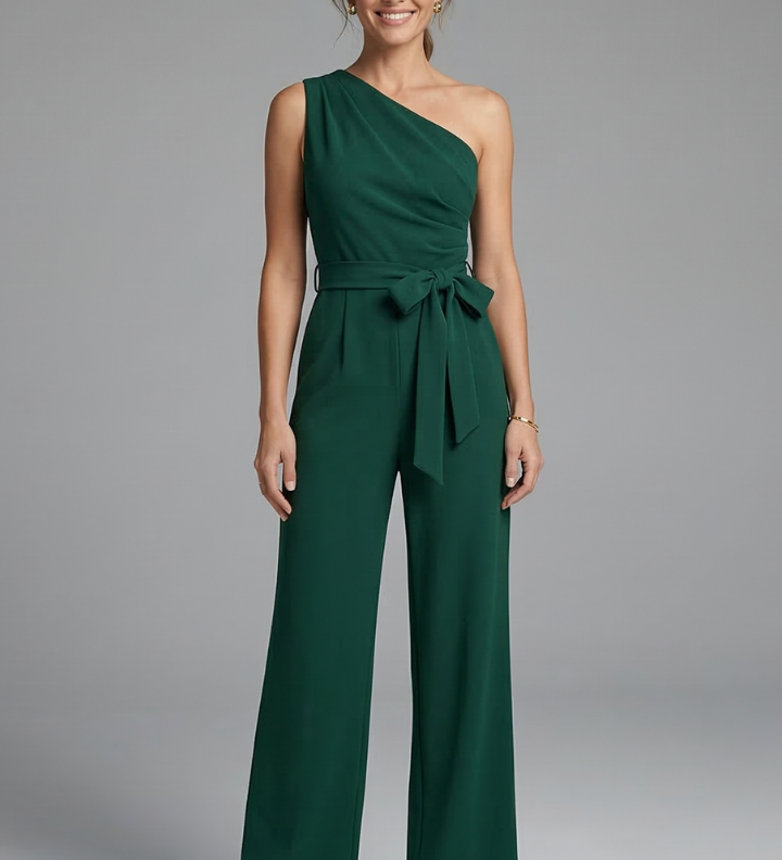 Damen-Jumpsuit mit asymmetrischem Ausschnitt und Taillengürtel