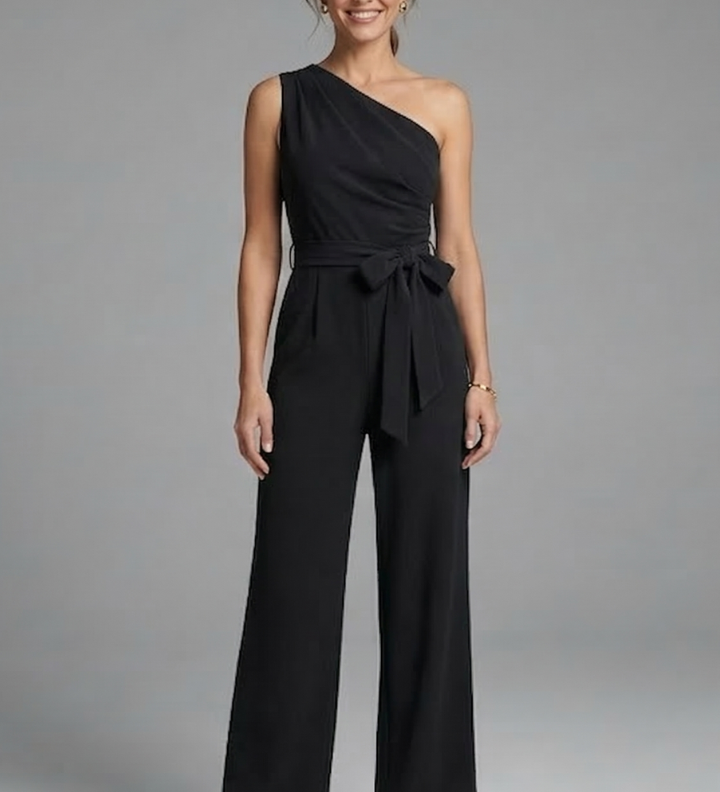 Damen-Jumpsuit mit asymmetrischem Ausschnitt und Taillengürtel