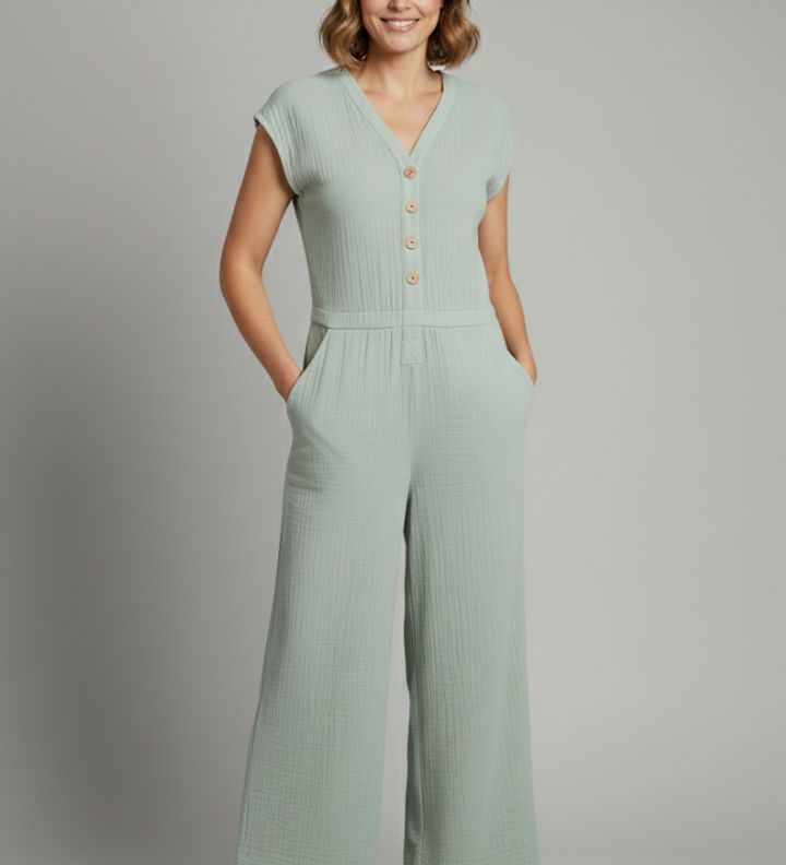 Damen-Jumpsuit mit Knopfleiste und weitem Bein