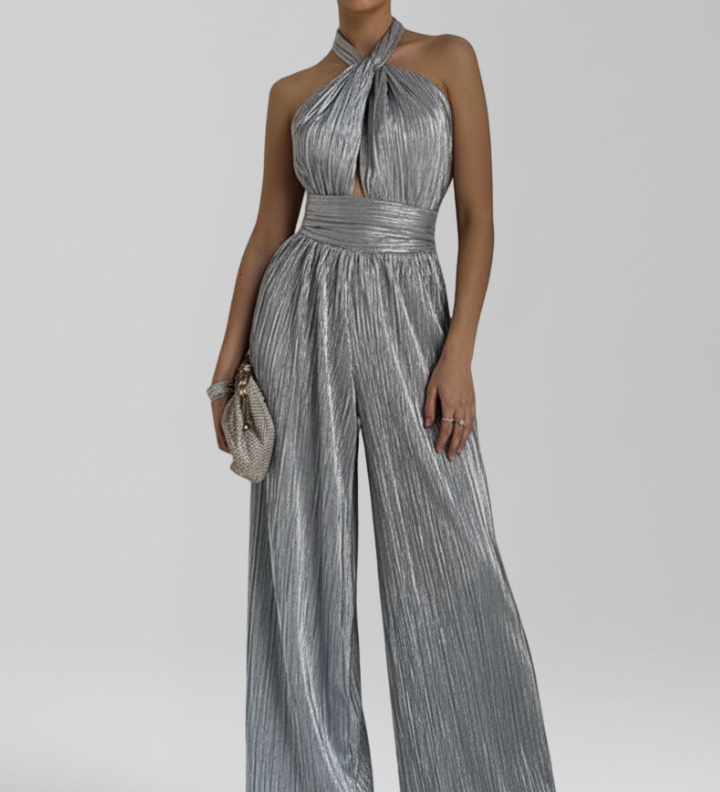 Damen-Jumpsuit mit Halterneck und plissierter Oberfläche