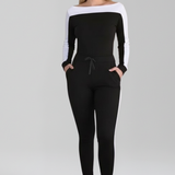 Damen-Jumpsuit mit Kapuzen-Ausschnitt und seitlichen Streifen