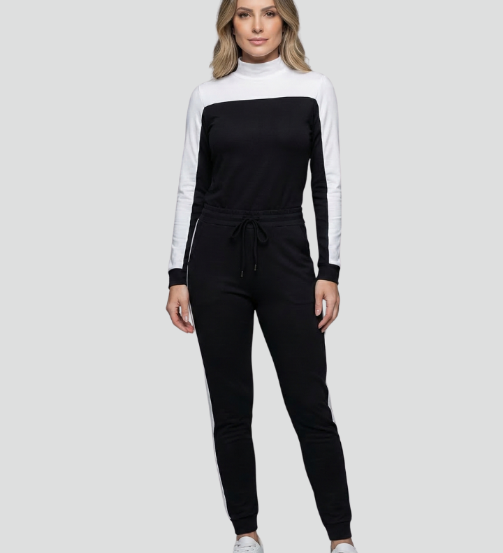 Damen-Jumpsuit mit Kapuzen-Ausschnitt und seitlichen Streifen
