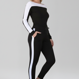 Damen-Jumpsuit mit Kapuzen-Ausschnitt und seitlichen Streifen