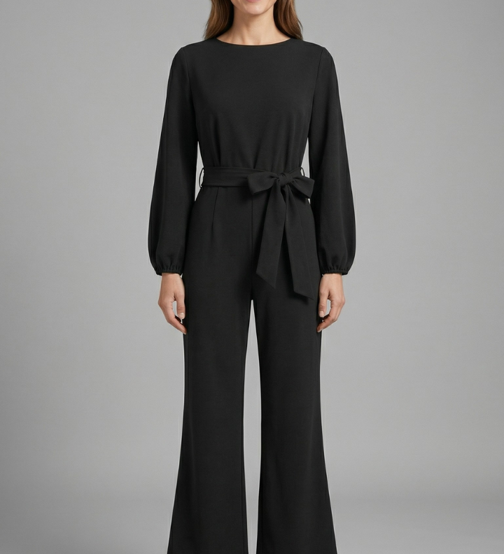 Damen-Jumpsuit mit langen Ärmeln und Bindegürtel