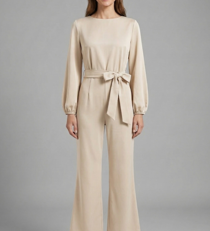 Damen-Jumpsuit mit langen Ärmeln und Bindegürtel