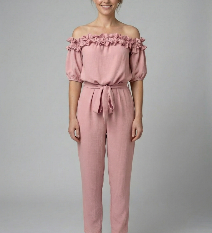 Damen-Jumpsuit mit schulterfreiem Ausschnitt und Taillenknoten