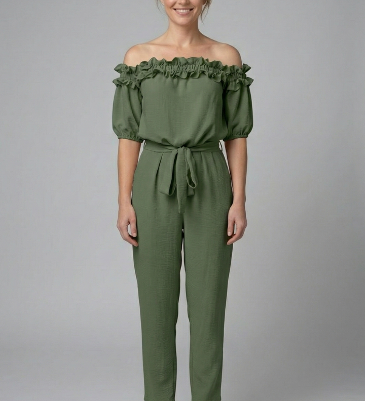 Damen-Jumpsuit mit schulterfreiem Ausschnitt und Taillenknoten