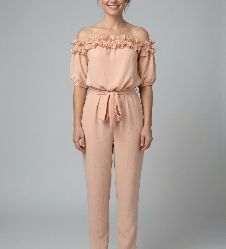 Damen-Jumpsuit mit schulterfreiem Ausschnitt und Taillenknoten