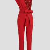 Damen-Jumpsuit mit einseitigem Ausschnitt und gebundenem Taillenband