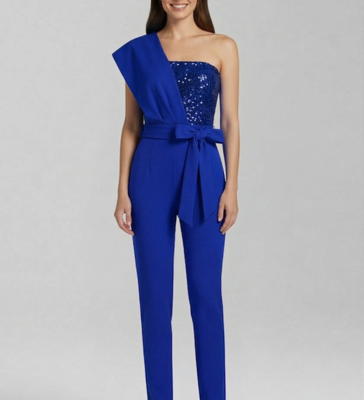 Damen-Jumpsuit mit einseitigem Ausschnitt und gebundenem Taillenband