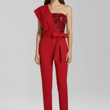 Damen-Jumpsuit mit einseitigem Ausschnitt und gebundenem Taillenband