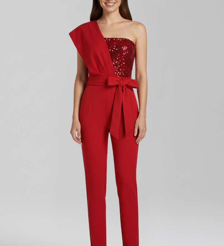 Damen-Jumpsuit mit einseitigem Ausschnitt und gebundenem Taillenband