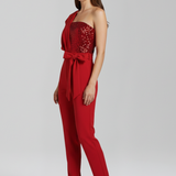 Damen-Jumpsuit mit einseitigem Ausschnitt und gebundenem Taillenband