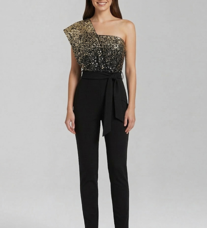 Damen-Jumpsuit mit einseitigem Ausschnitt und gebundenem Taillenband
