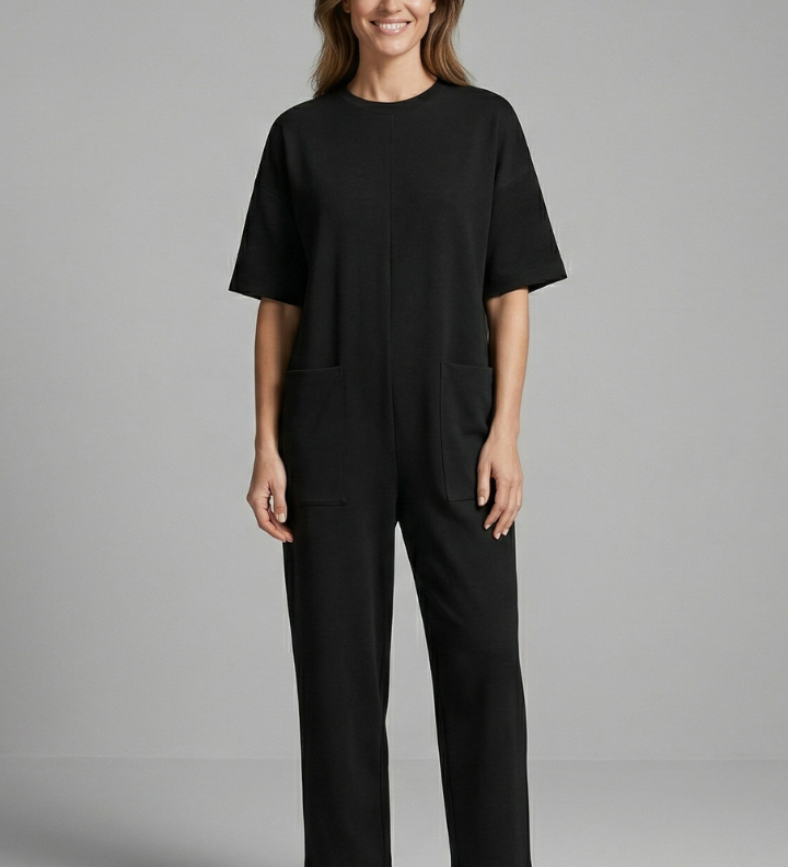 Damen-Jumpsuit mit Rundhalsausschnitt und weitem Bein